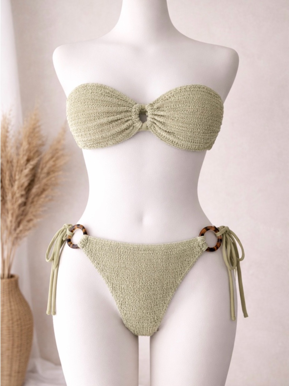 PrettyLittleThing Olive Green Textured Bandeau Bikini with Ring Detail